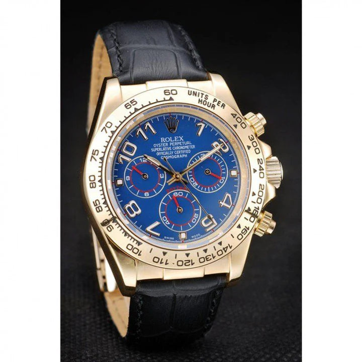 Rolex Daytona Gold Case Blue Dial Black Leather Strap